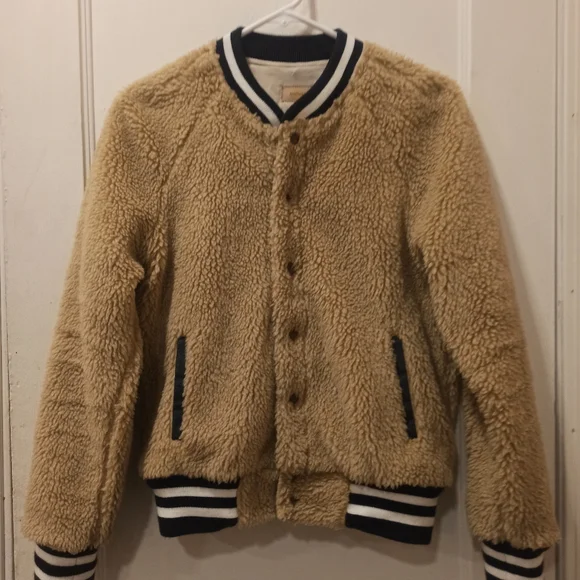 MOTHER Beige Teddy Letterman Snap women's Bomber Jacket in More Than a Feeling - Picture 2 of 16